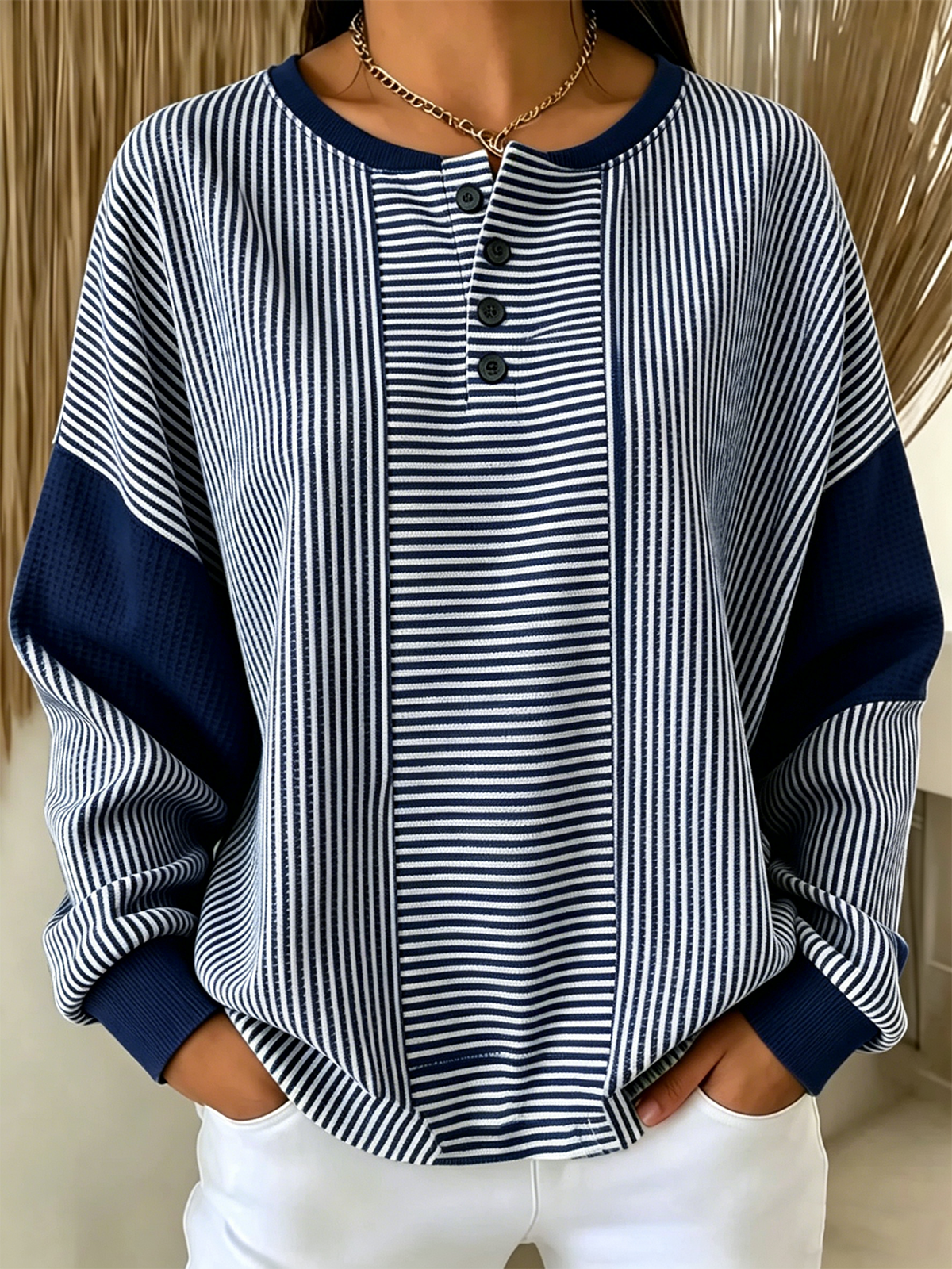Women's Striped Knit Henley Neck Long Sleeve Casual Sweatshirt