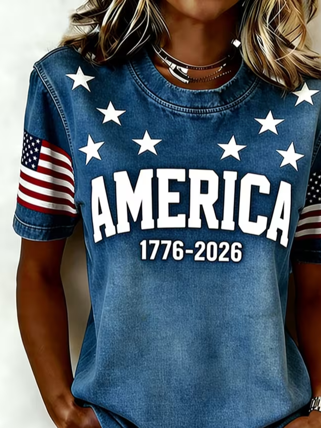 Women's Short Sleeve T-shirt Summer Blue Independence Day (Flag) Printing Jersey Crew Neck Daily Going Out Casual Top