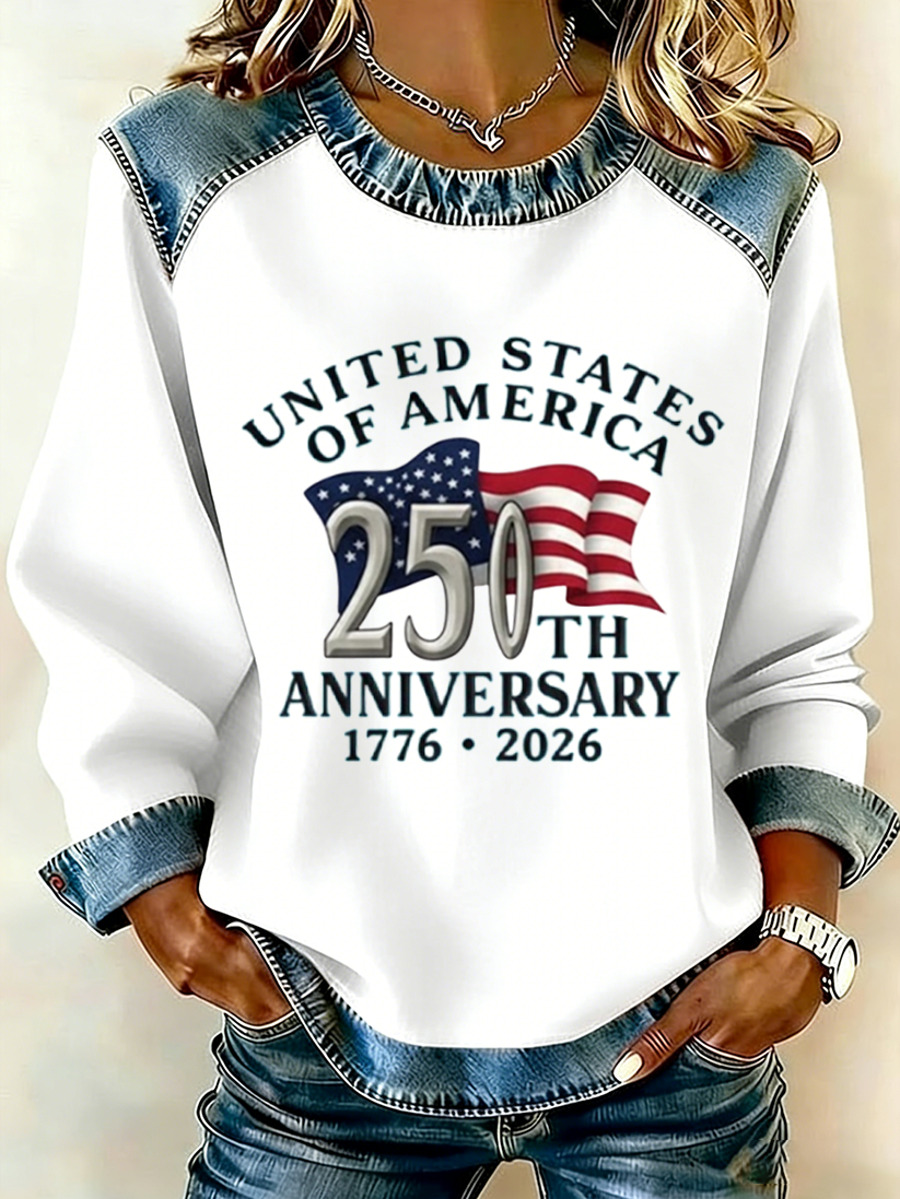 Women's USA Print Patchwork Denim Crewneck Long-Sleeved Sweatshirt