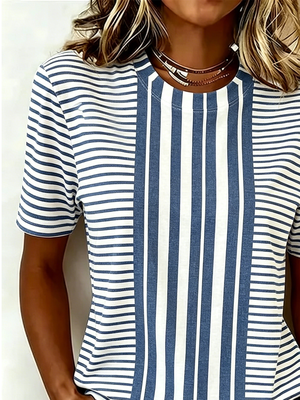 Striped Cotton-Blend Casual Crew Neck T-Shirt