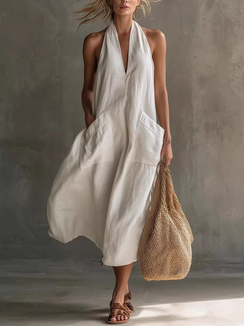 Casual Plain V Neck Midi Dress