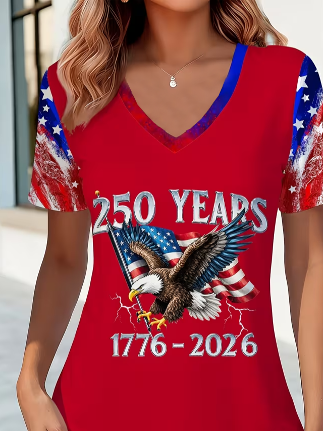 Women's USA 250th Anniversary Short Sleeve T-shirt Summer Red Text Letters Jersey V Neck Holiday Going Out Casual Top