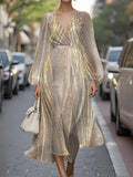 Women's Gold Glitter Print Maxi Dress V-Neck Long Sleeve Wrap A-Line Cocktail Party Dress