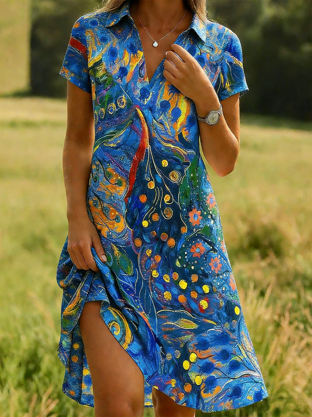 Shawl Collar Elegant Shirt Dress With No