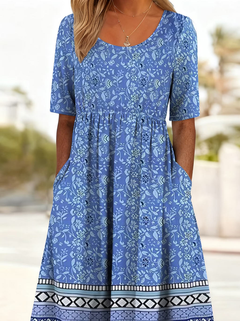 Women's Short Sleeve Summer Blue Floral Printing Crew Neck Daily Going Out Casual Maxi H-Line Shift Dress Dress