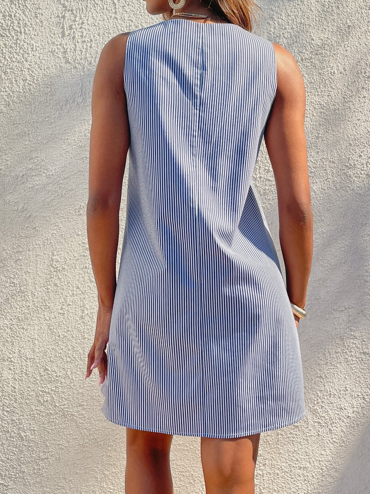 Women Daily Boho Round Neck Pockets Striped Dress