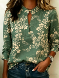 Simple Botanical Pattern V Neck Blouse