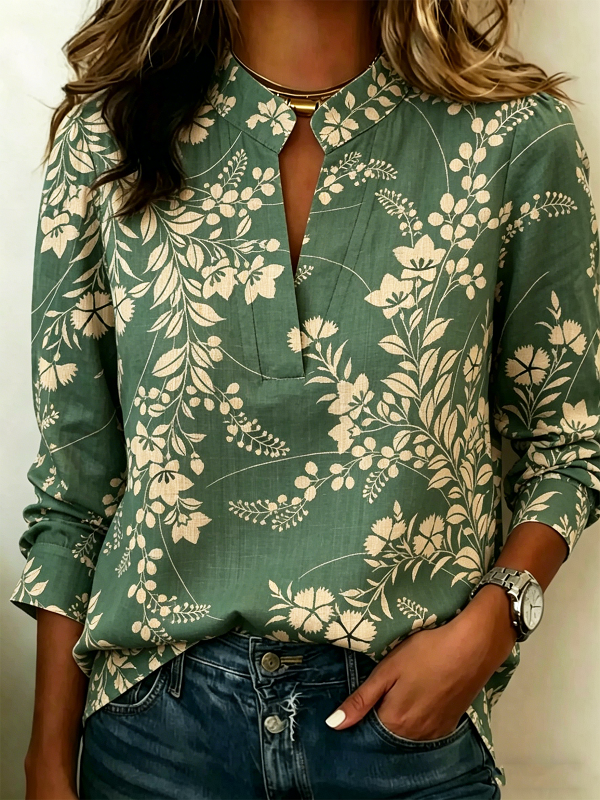 Simple Botanical Pattern V Neck Blouse