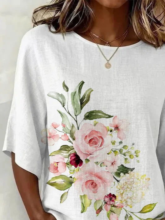 Women's Half Sleeve Blouse Summer White Floral Printing Crew Neck Daily Going Out Vintage Top