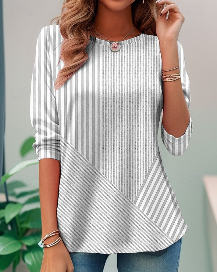 Women Striped Casual Spring/Fall Loose Jersey Crew Neck H-Line Regular No T-shirts