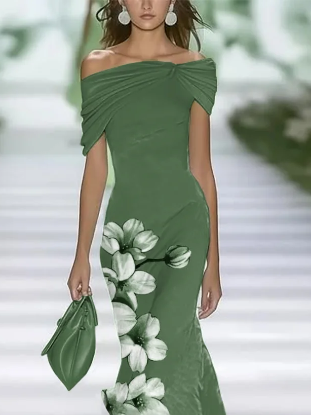 Women's Cap Sleeve Summer Green Floral Printing Cold Shoulder Daily Going Out Vintage Maxi H-Line Dress