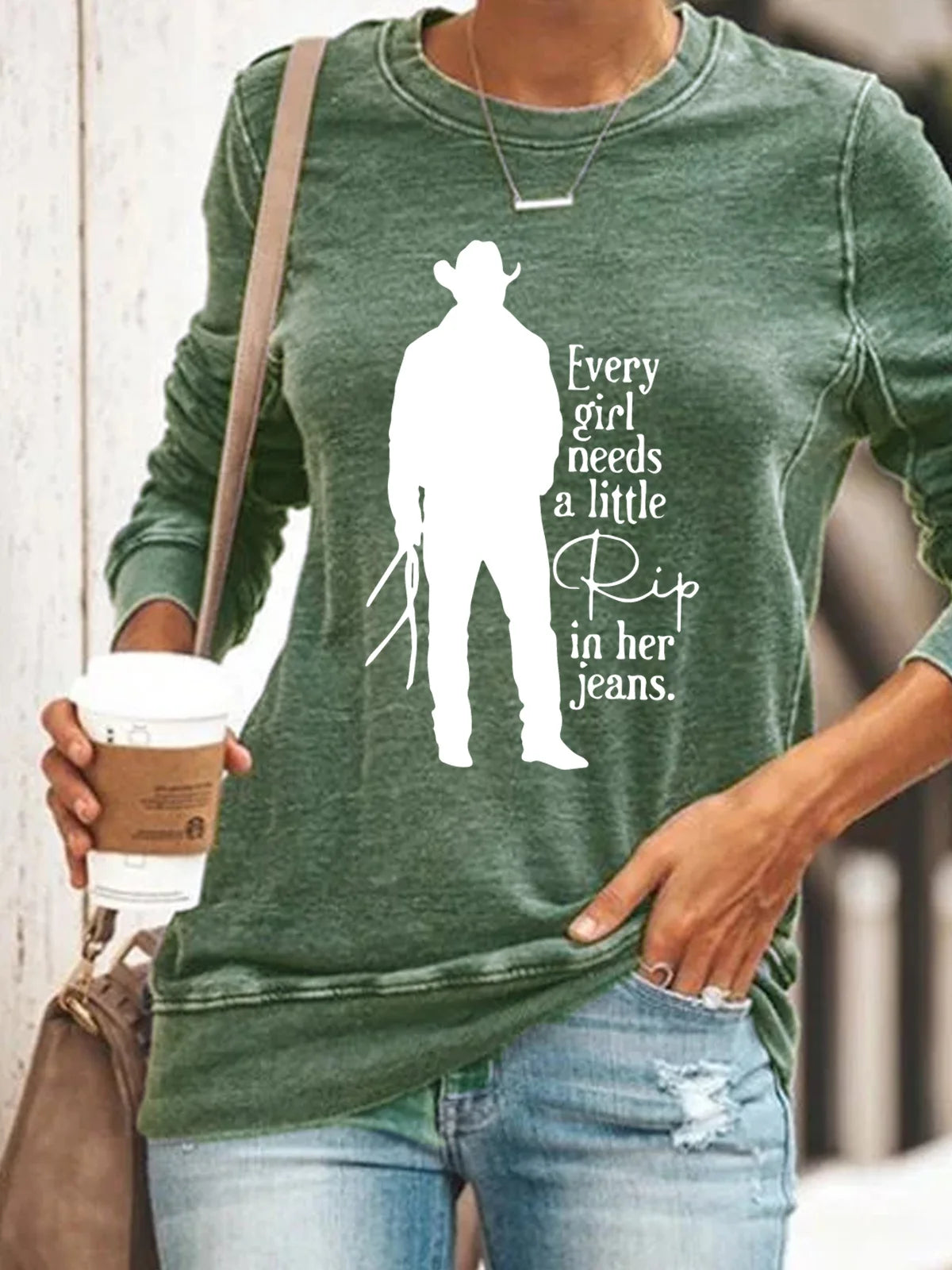 Women‘s Funny Word Every Girl Needs A Little Rip In Her Jeans Text Letters Sweatshirt