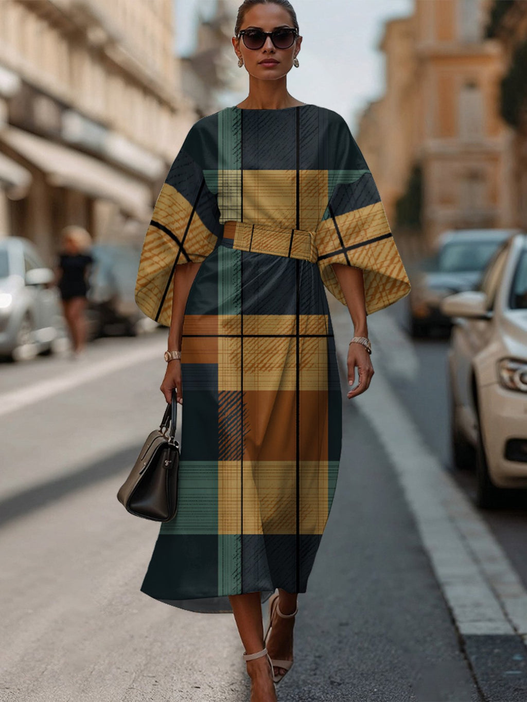 Dolman Sleeve Multicolor Block Regular Fit Vintage Crew Neck Dress With Belt