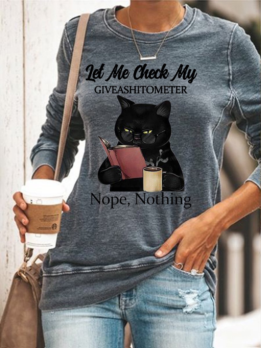 Womens Funny Letter Black Cat Crew Neck Sweatshirt