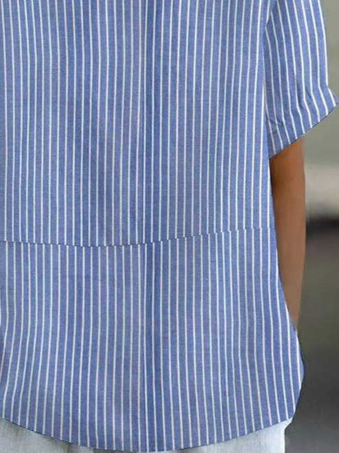 Women's Spring Stripe Print Lapel Short Sleeve Shirt