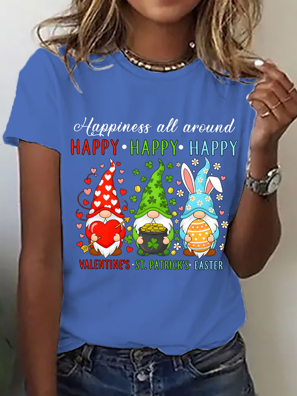 Women's Happy Valentines St Patrick Easter Happy Holiday Gnome Funny short-sleeved T-shirt