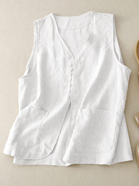 Plain Casual Others Cotton And Linen Vest