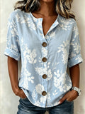 Blue Floral Stand Collar Botton Spring Summer Linen Blend Casual Shirt