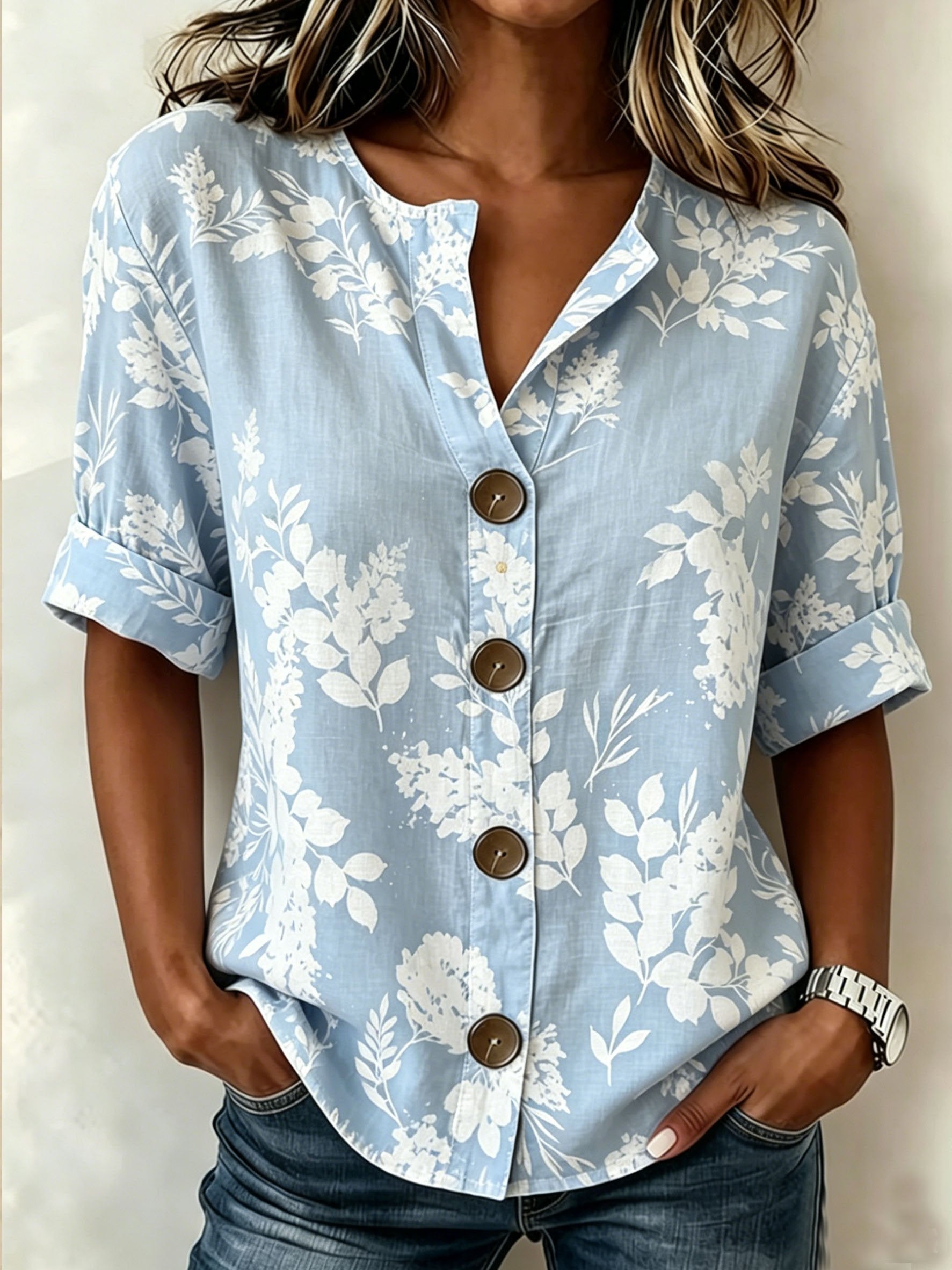 Blue Floral Stand Collar Botton Spring Summer Linen Blend Casual Shirt