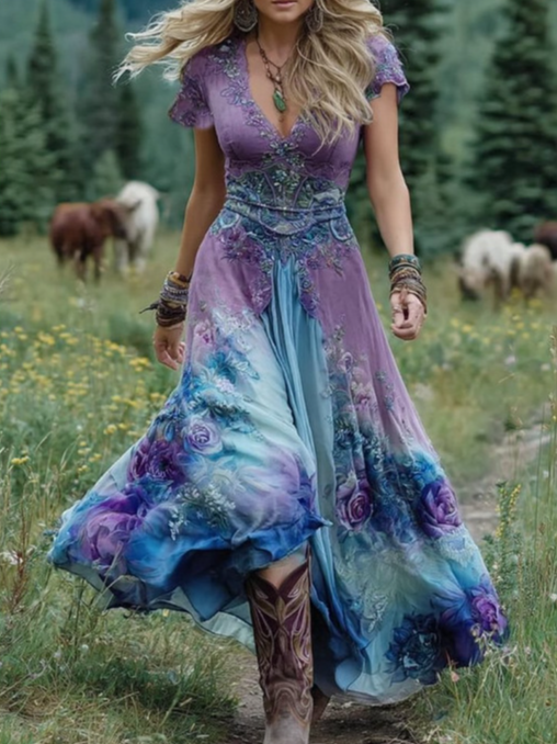 Women’s Vintage Floral Print Summer V-Neck Regular Fit A-Line Maxi Dress
