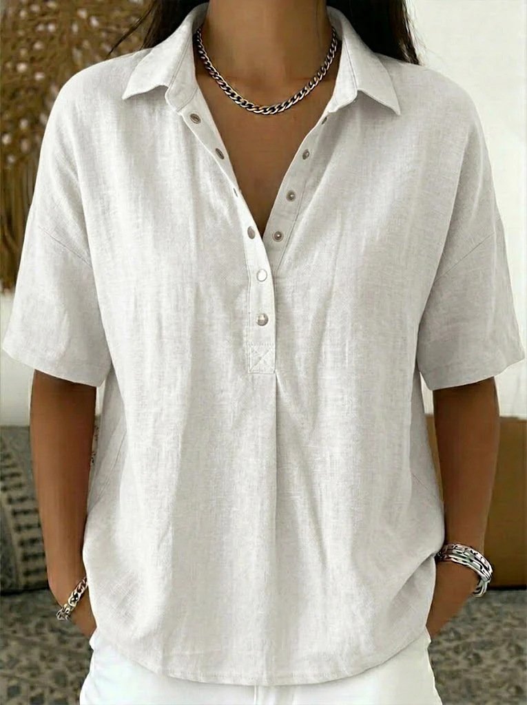 Women’s Light Blue Short Sleeve V Neck Henley Shirt Loose Fit Linen Casual Polo Blouse