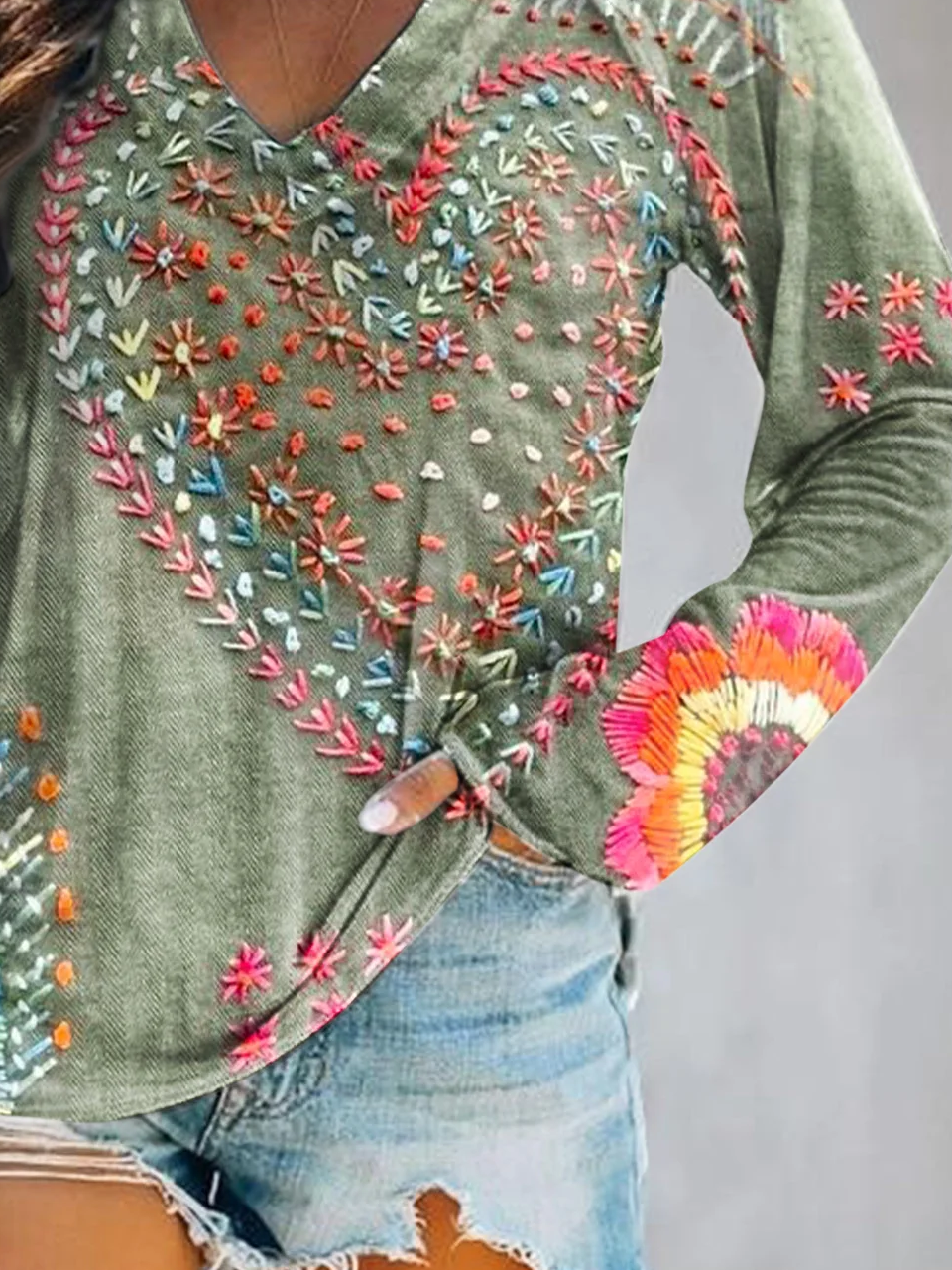 Women's Long Sleeve Blouse Spring/Fall Green Floral Printing Cotton V Neck Daily Going Out Casual Top