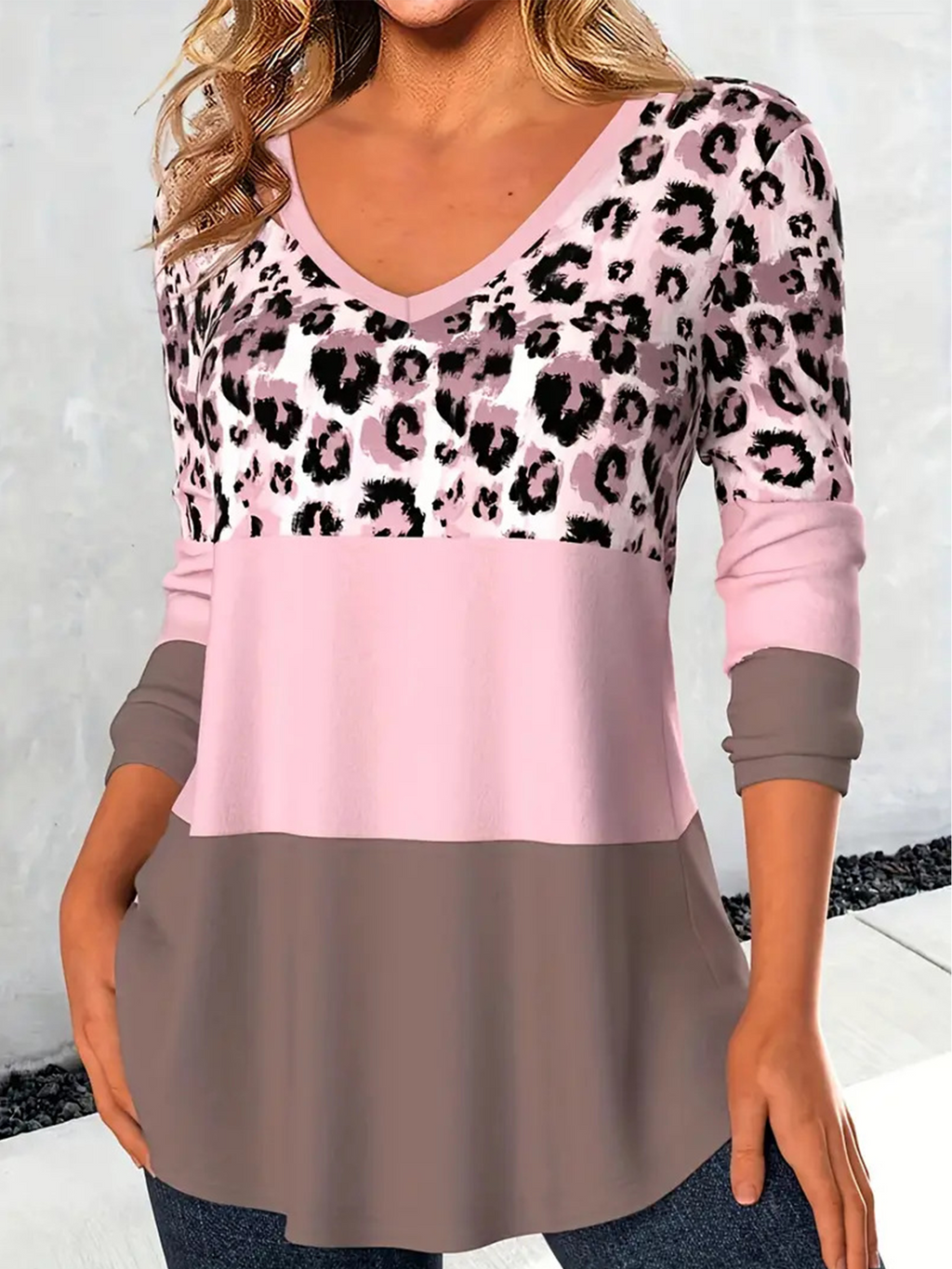 Leopard Color Block Crew Neck Elegant Regular Fit T-Shirt
