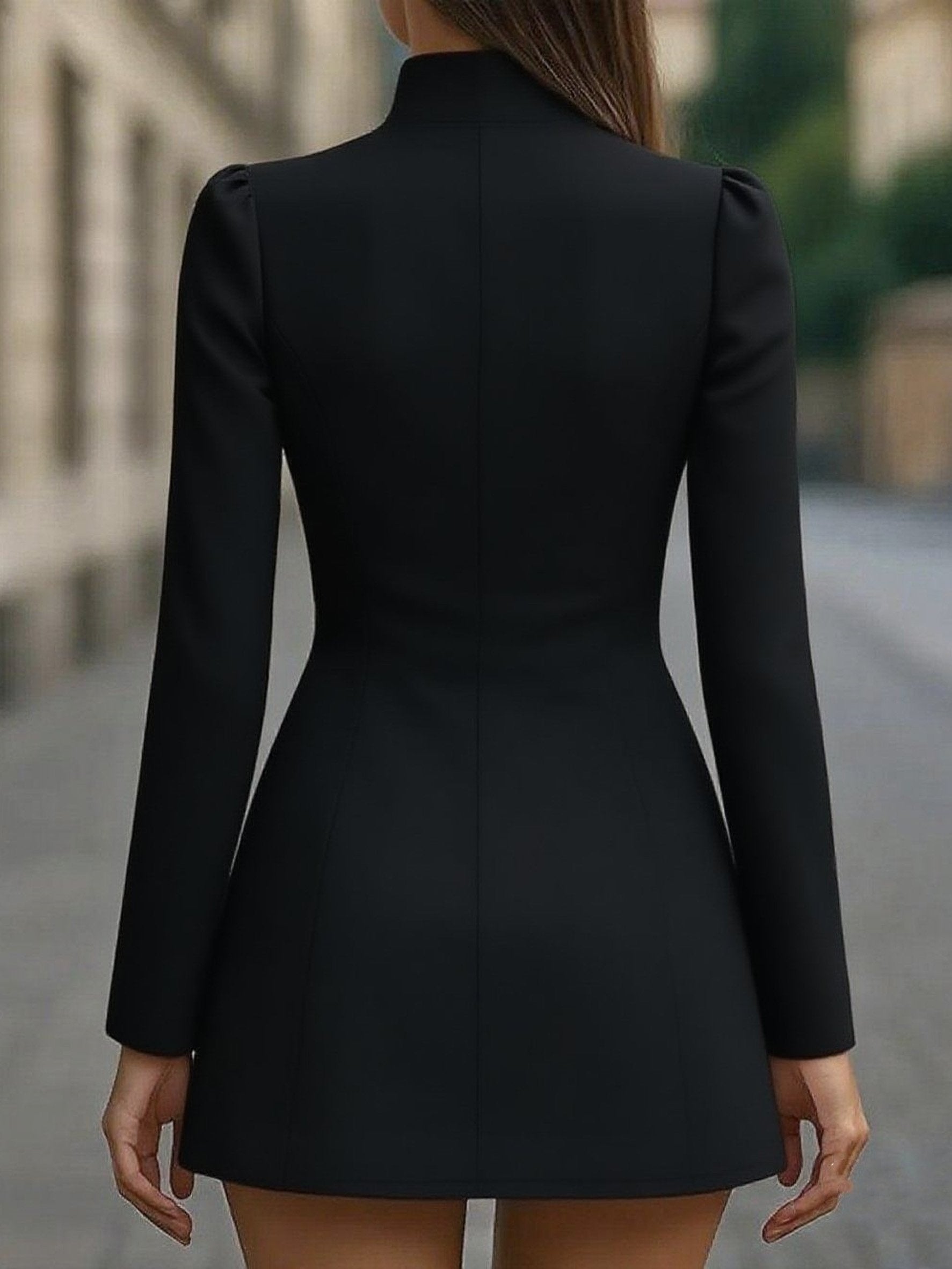 Elegant Plain Long Sleeve Stand Collar Button Dress