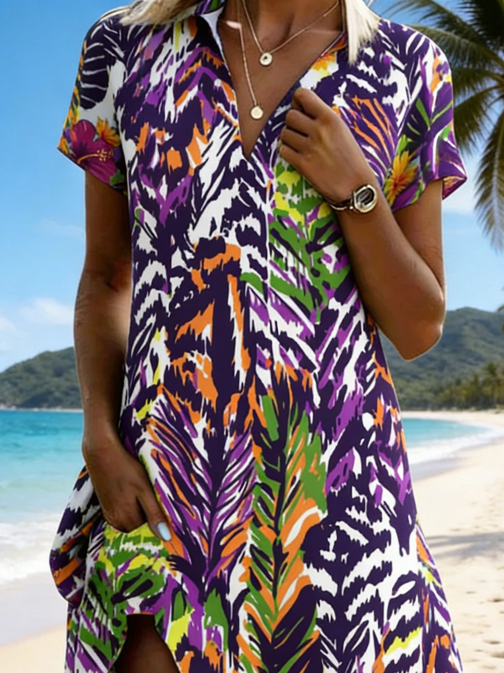 Women's Abstract Leopard Printing Short Sleeve V-Neck Summer Beach Vacation Midi Dress