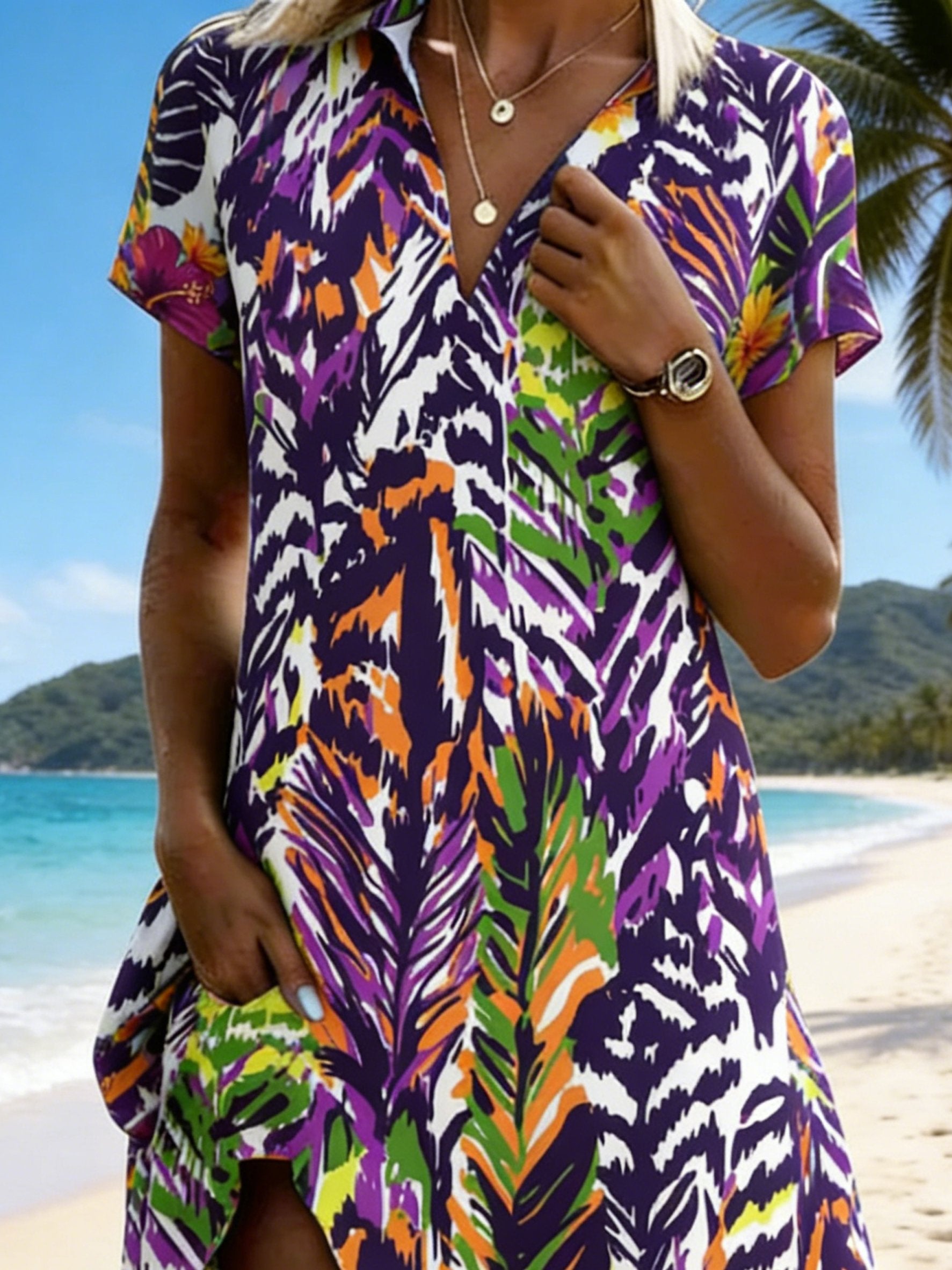 Women's Abstract Leopard Printing Short Sleeve V-Neck Summer Beach Vacation Midi Dress