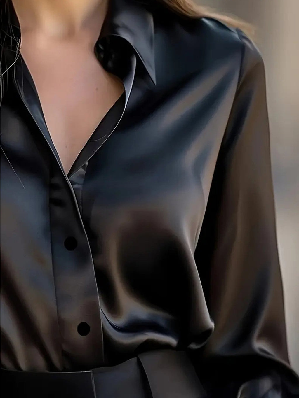 Satin Plain Shirt Collar Long Sleeve Elegant Casual Shirt