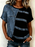 Crew Neck Casual Faux Denim Print Graphic T-Shirt