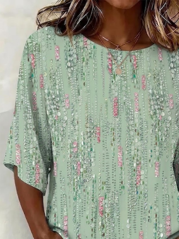 Women's Half Sleeve Blouse Summer Green Abstract Printing Crew Neck Daily Going Out Vintage Top