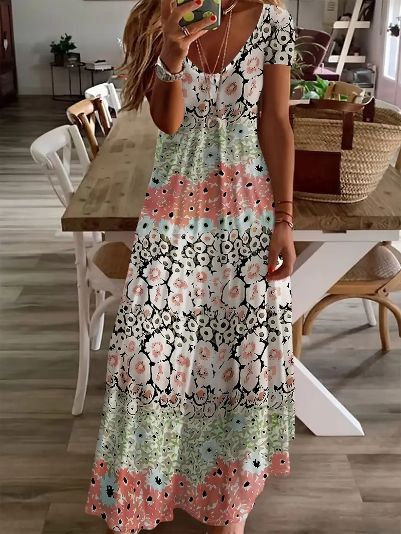 Women's Floral Print V-Neck Short Sleeve Casual Dress