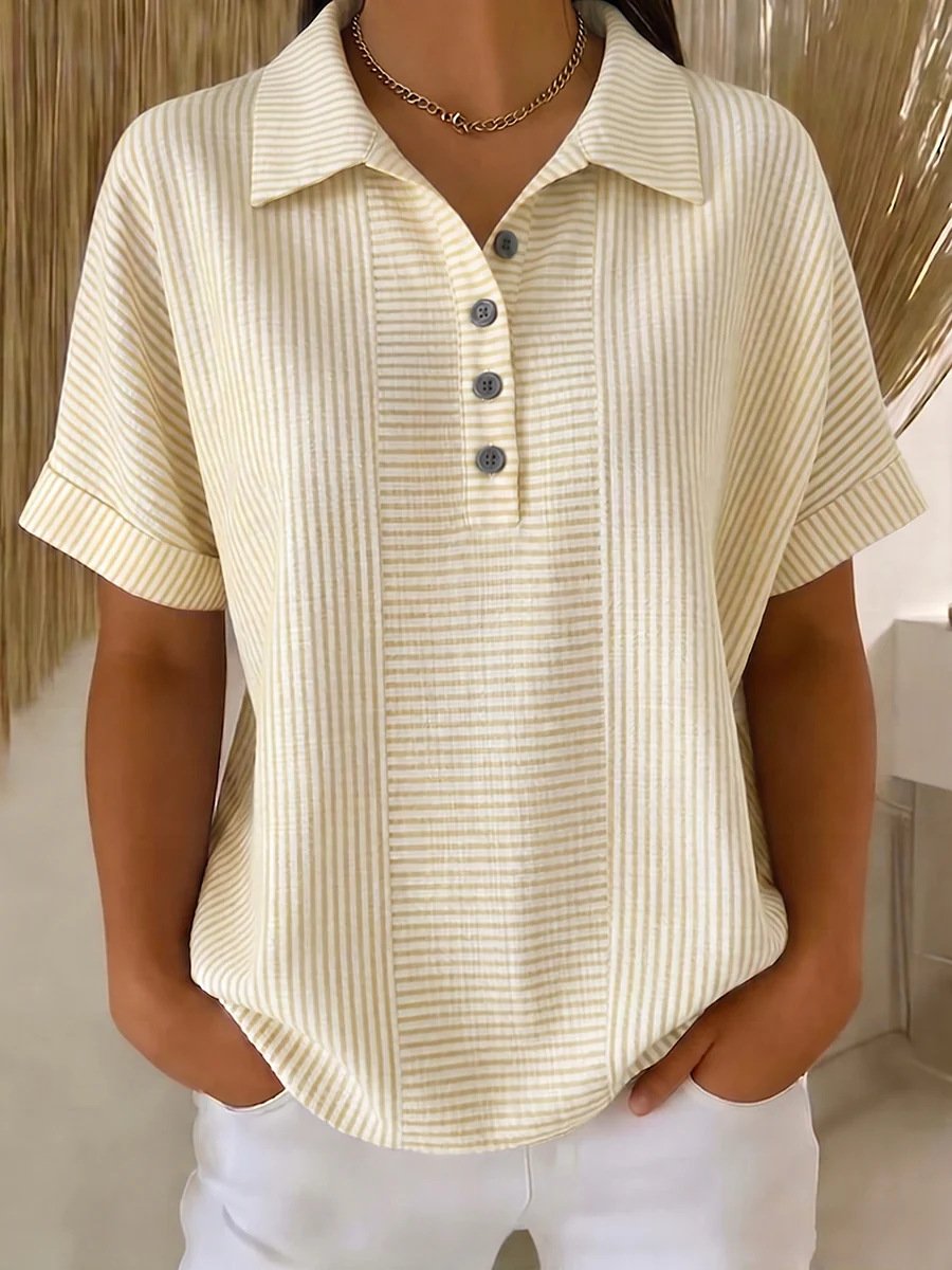 Stripe Print Polo Collar Button Down Short Sleeve T-Shirt