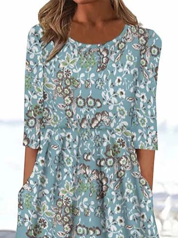 Women's Floral Print Round Neck Everyday Long Casual Shift Dress