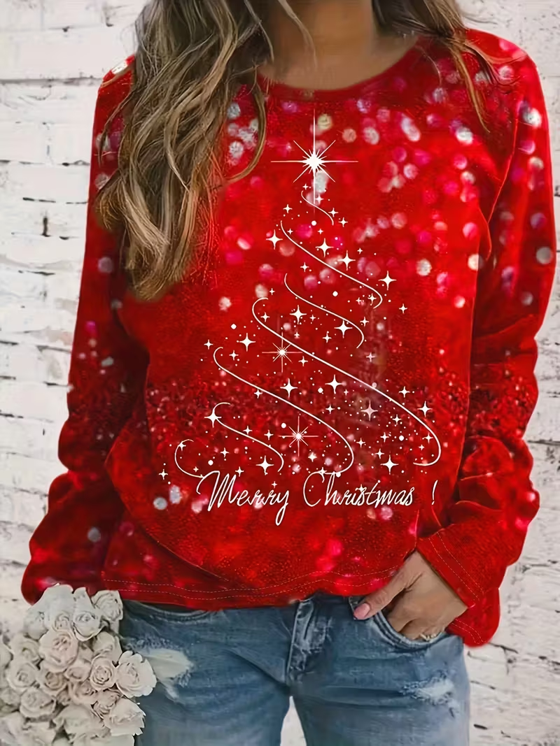 Women's Long Sleeve T-shirt Spring/Fall Red Christmas Printing Jersey Crew Neck Daily Going Out Casual Top