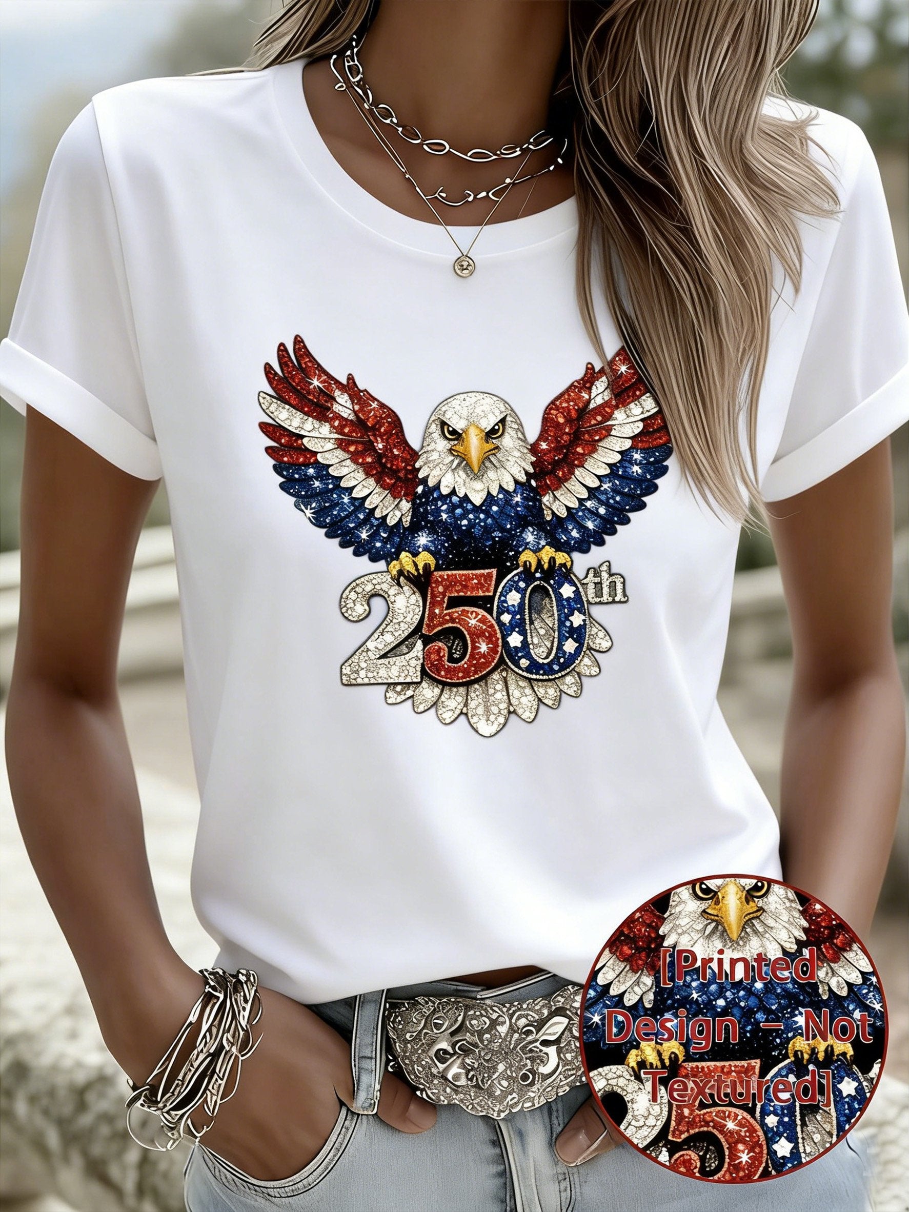 3D Printing Eagle Old Glory Round Neck Short Sleeve 250th Anniversary Vintage Casual T-Shirt