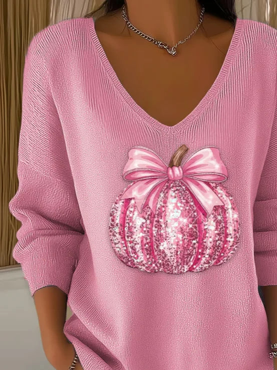Women's Long Sleeve T-shirt Spring/Fall Pink Halloween (pumpkin) Printing V Neck Daily Going Out Casual Top