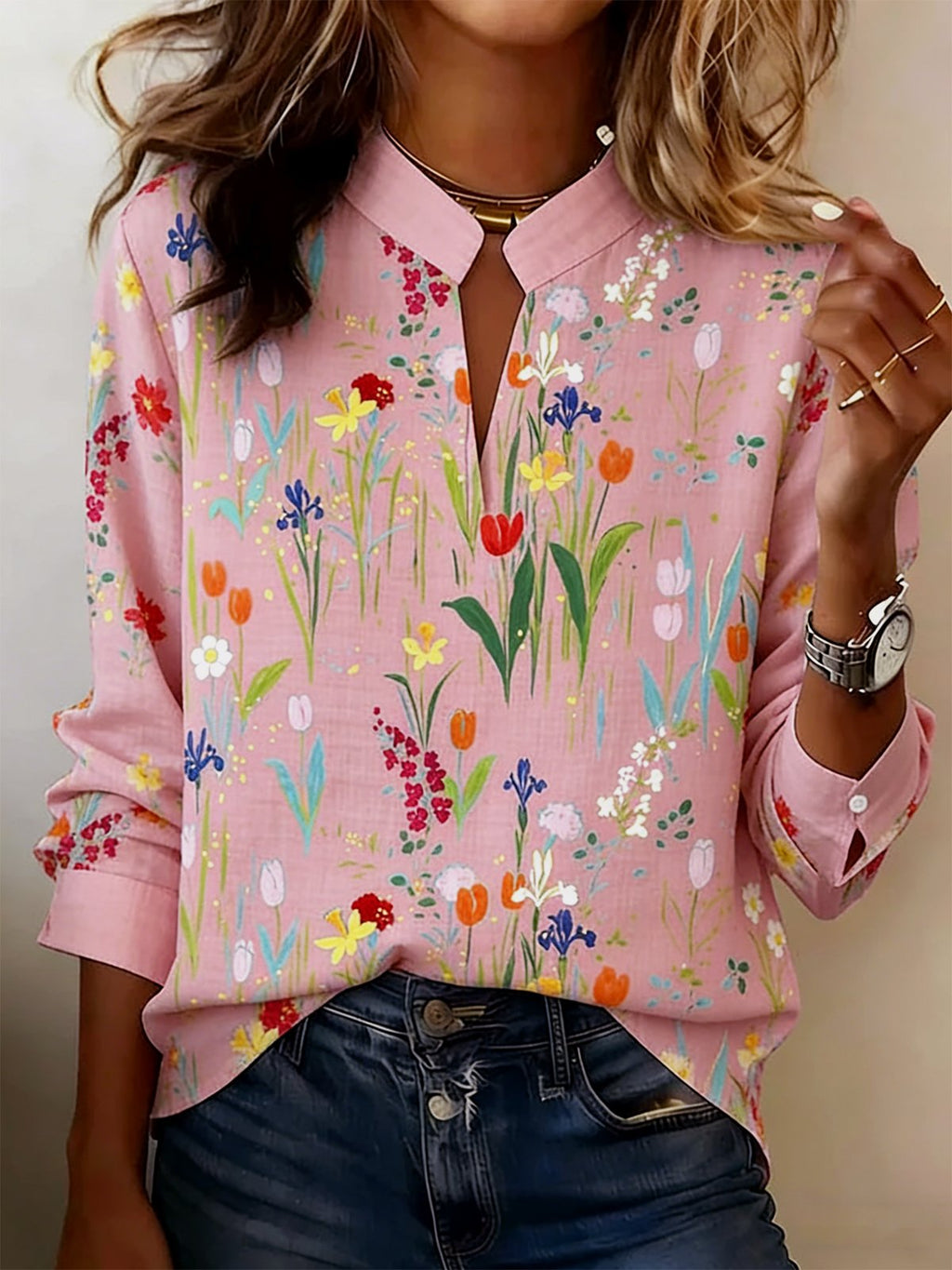Floral Cotton-Blend Loose Elegant Shirt