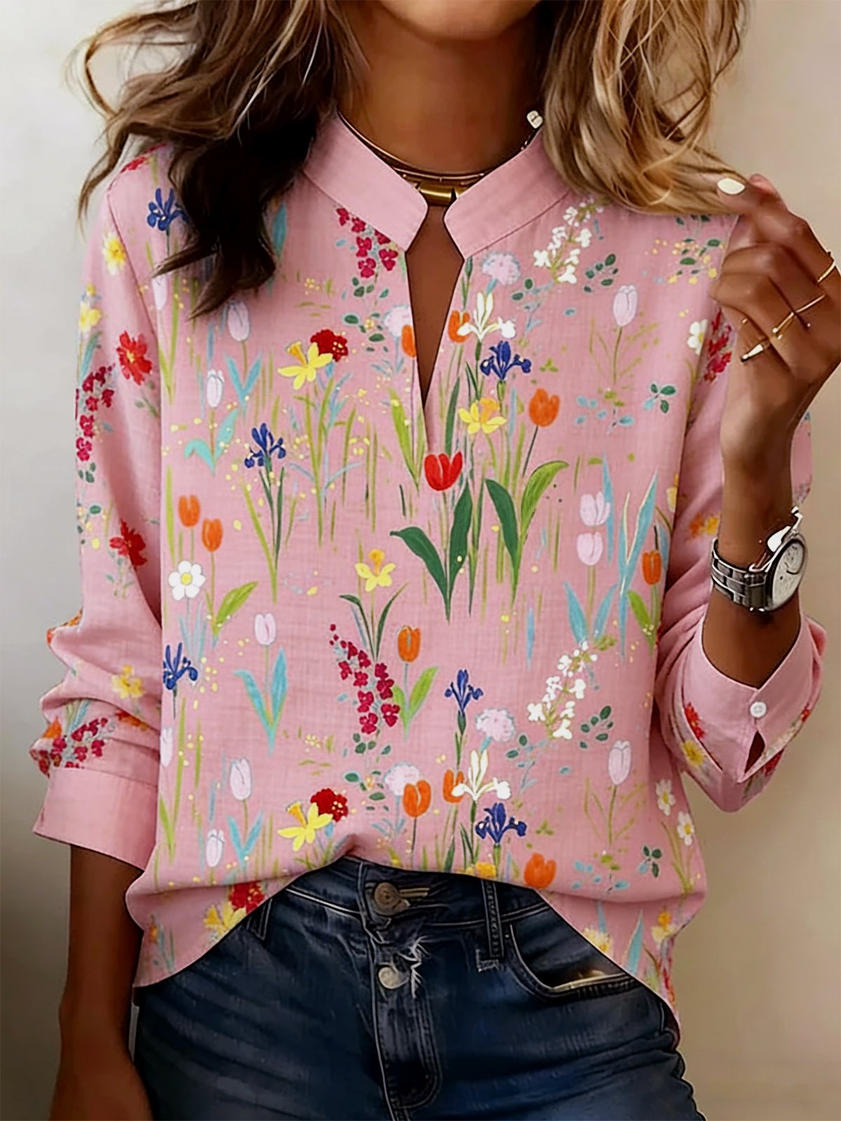 Floral Cotton-Blend Loose Elegant Shirt