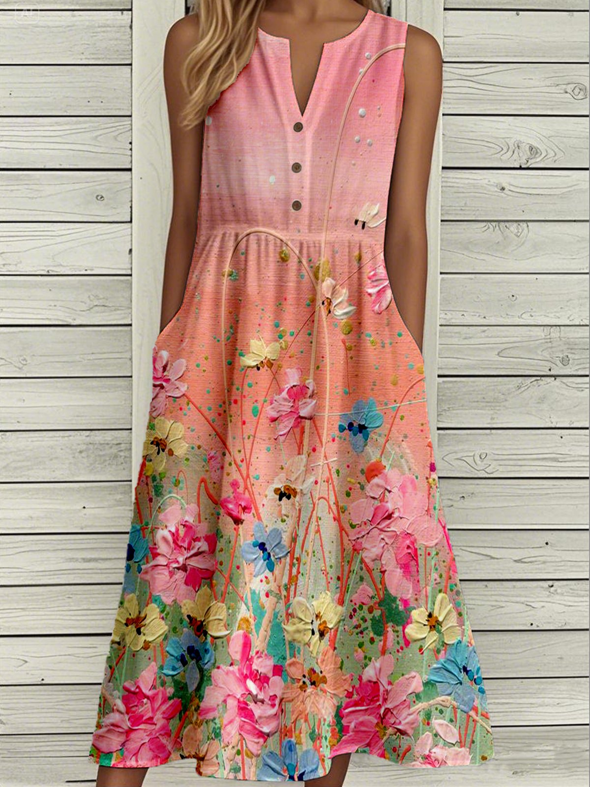 Loose Floral Casual Buckle Dress With No