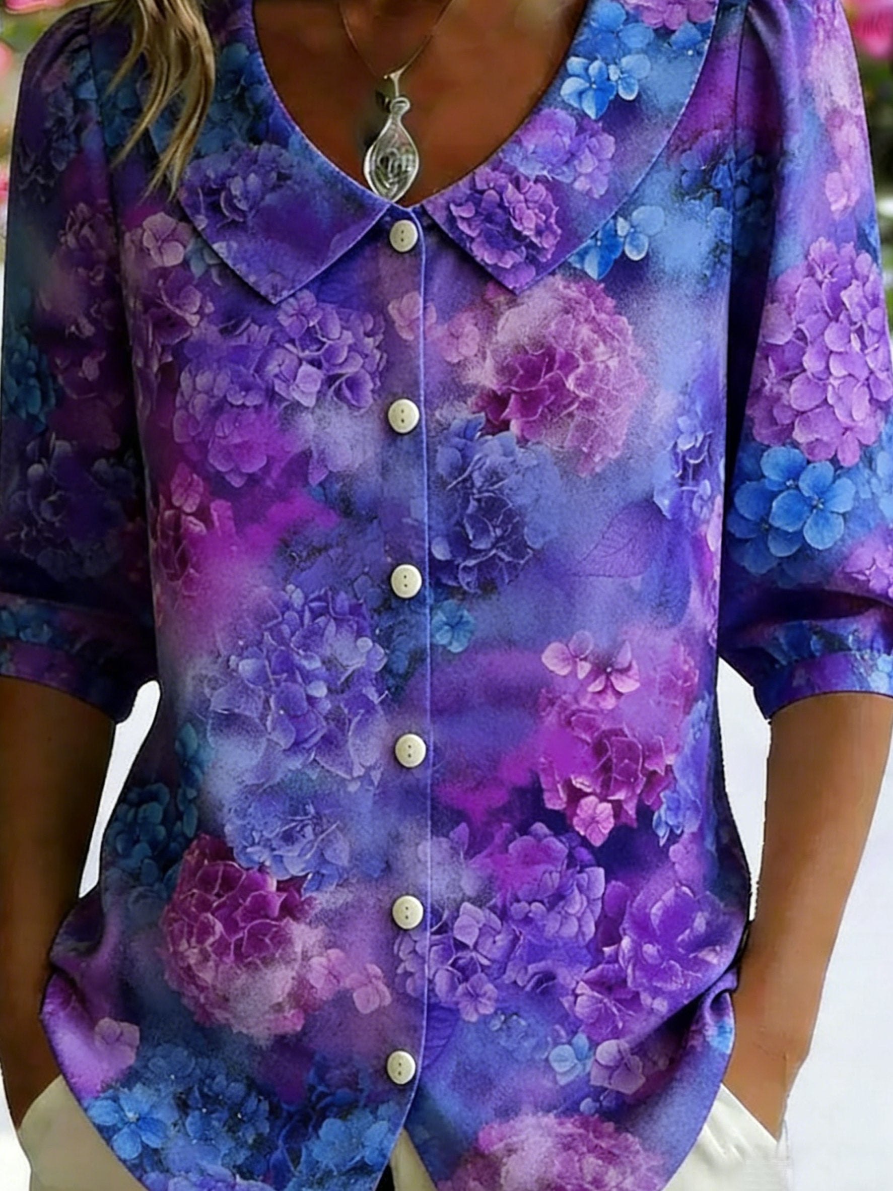 3D Printing Linen Blend Purple Floral Shawl Collar Button Loose Casual Shirt