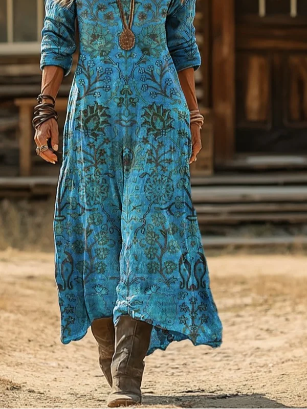 Women's Long Sleeve Spring/Fall Blue Floral Printing V Neck Daily Going Out Vintage Maxi H-Line Dress