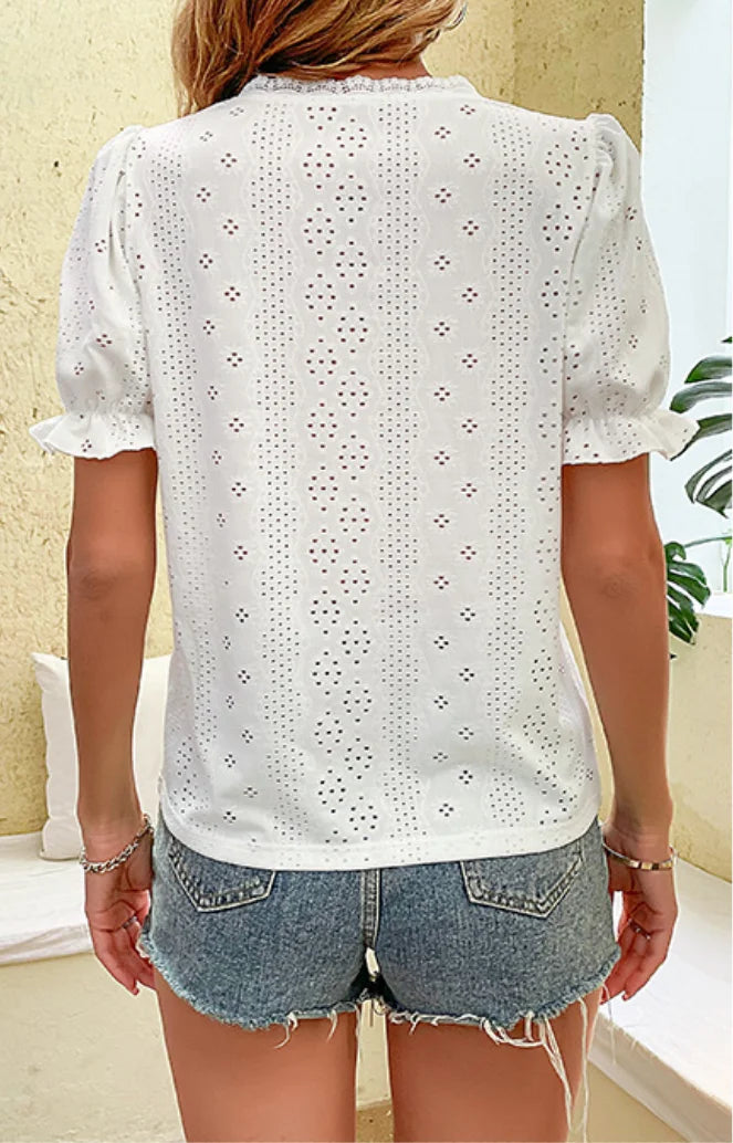 Lace Puff Short Sleeve V Neck Button Rufflr Casual Blouse