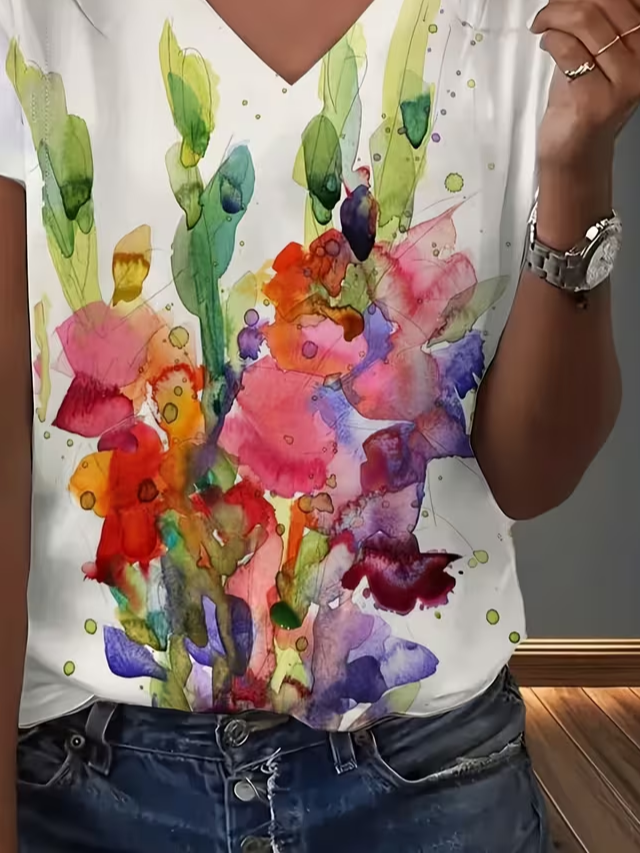 Women's Short Sleeve T-shirt Summer White Abstract Printing V Neck Holiday Going Out Vintage Top