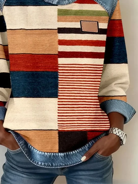 Women's Abstract Print Patchwork Denim Crewneck Long-Sleeved Sweatshirt