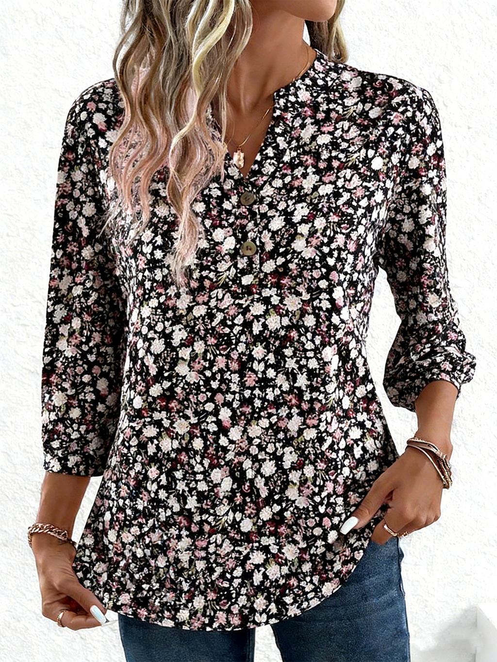 V Neck Elegant Loose Ditsy Floral T-Shirt