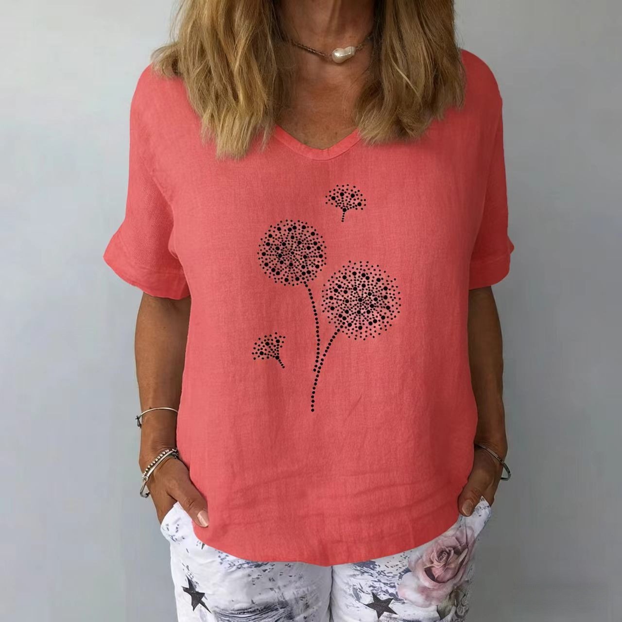 Women's V-Neck Short-Sleeve Blouse â€?Textured Linen