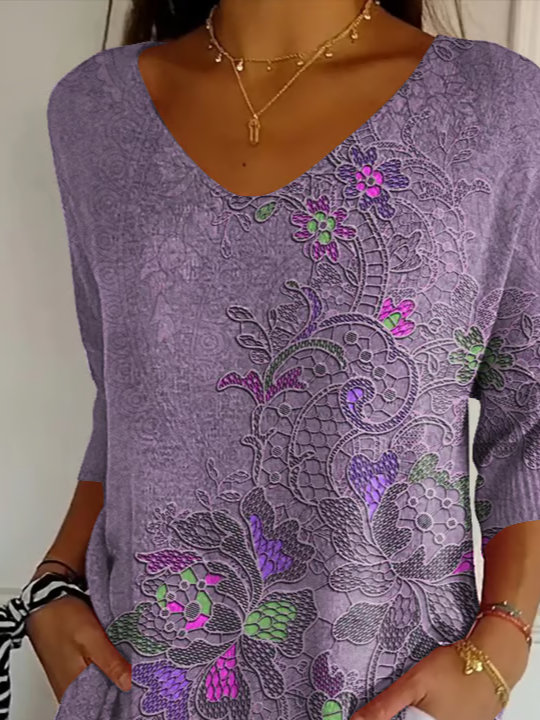 Women's Floral Print V neck Casual T-Shirt